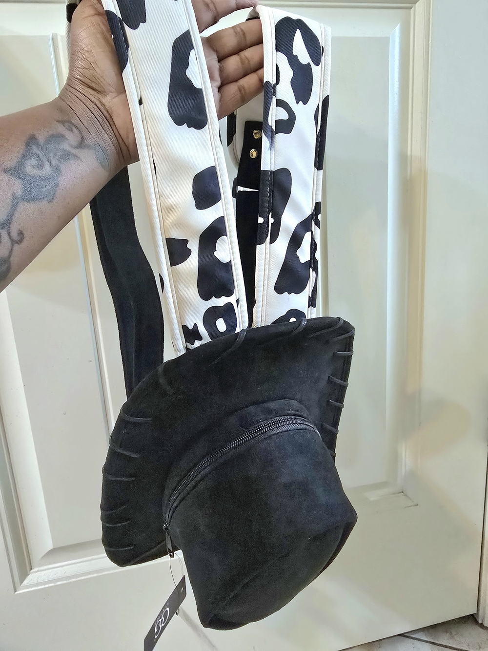 Black Suede Backpack with White & Black Leopard Straps
